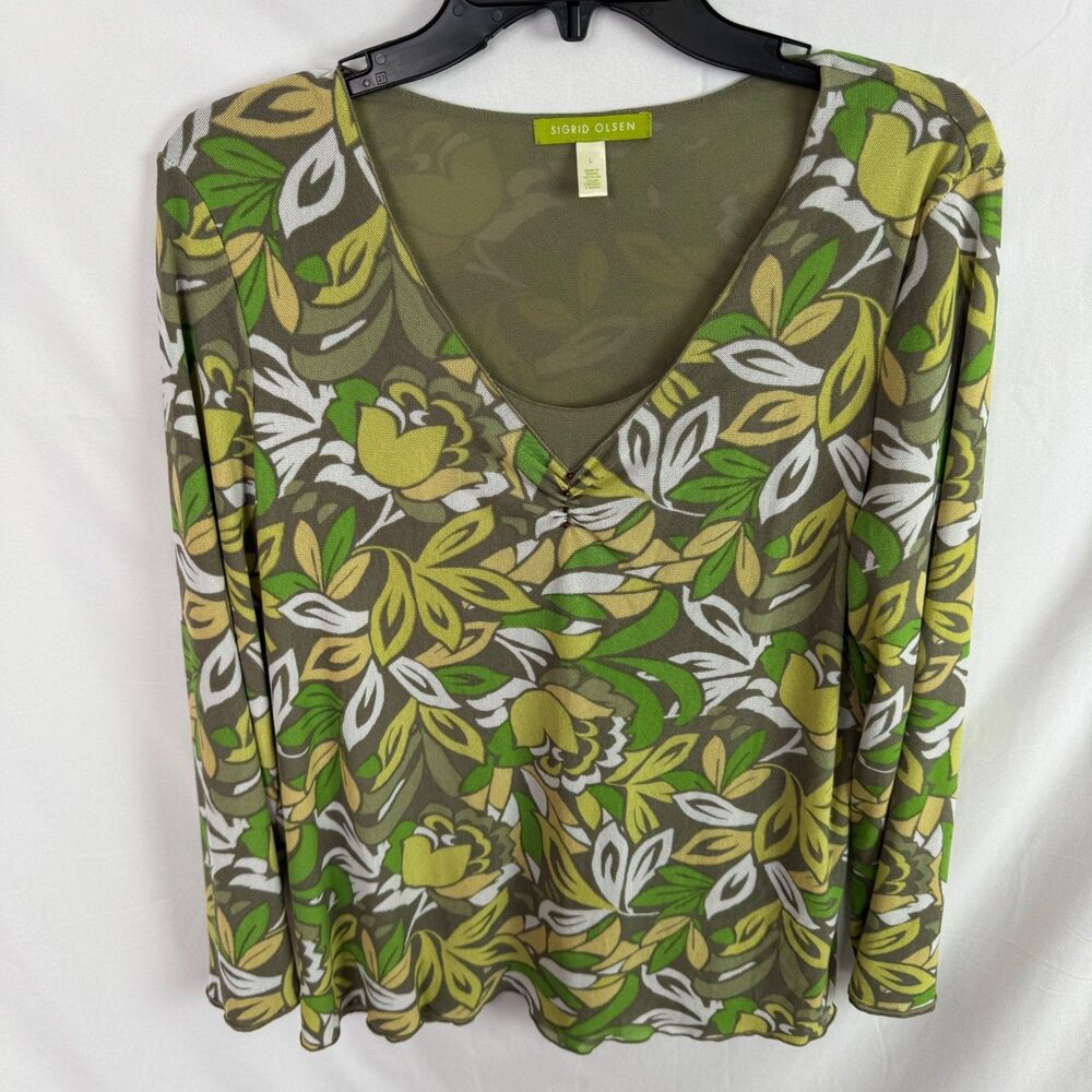 Sigrid Olsen Women's Top Size Large Green Floral Print Long Sleeves
